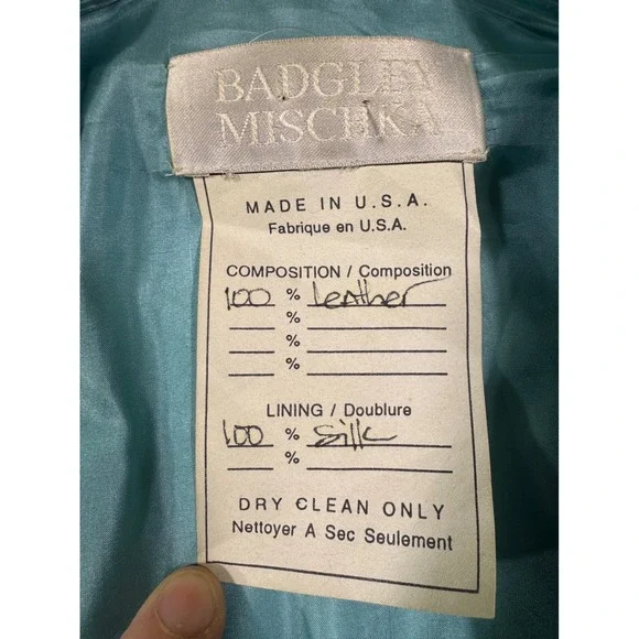 Badgley Mischka Vintage Teal Leather Jacket Silk Lined Cropped Tie Waist Sz M/8 - Picture 4 of 16